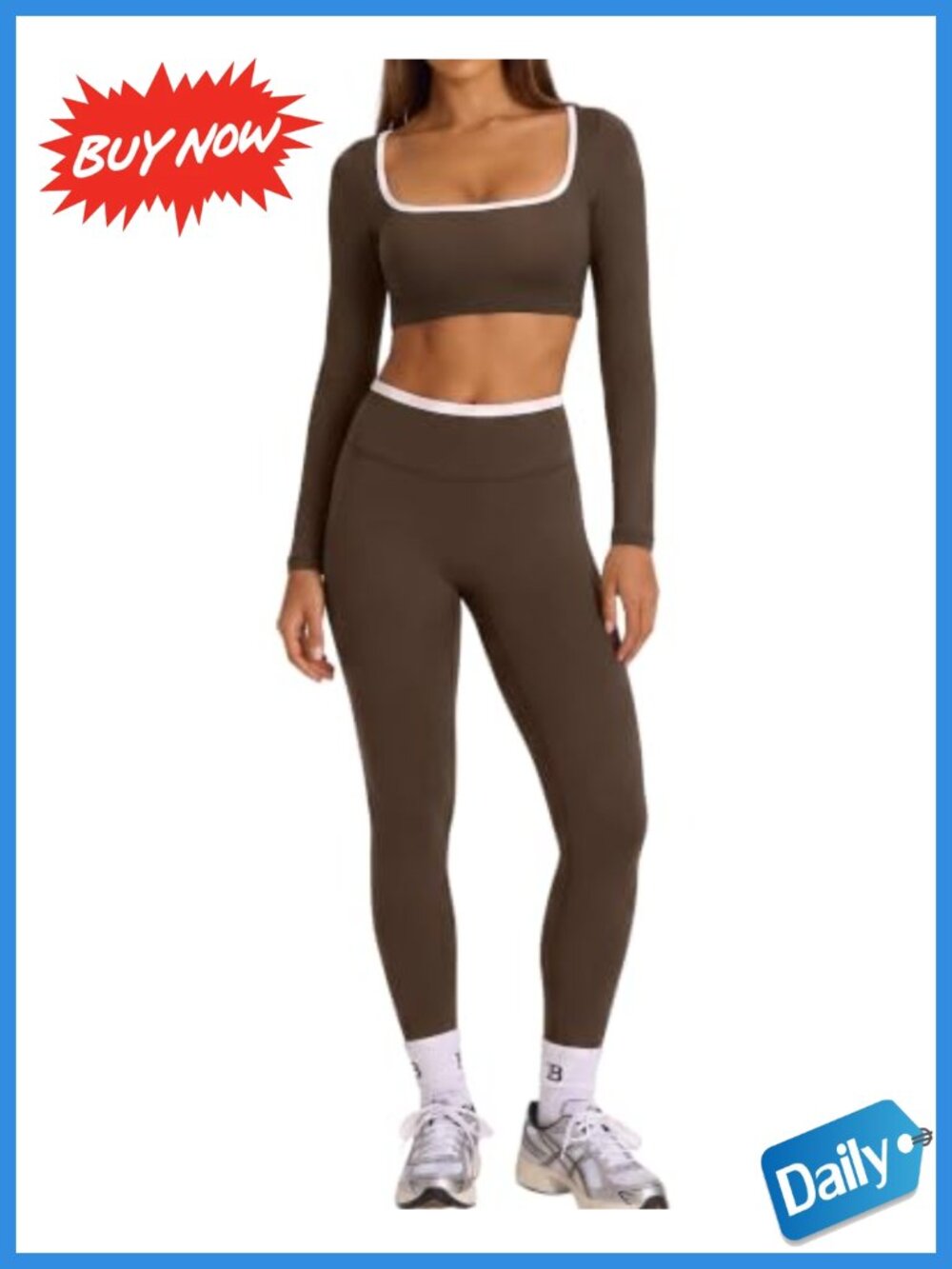 Women 2 Piece Workout Set Compression Leggings & Long Sleeve Crop Top
